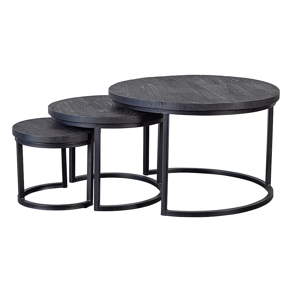 Set van 3 zwarte ronde salontafels van mangohout