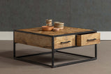 vierkante salontafel van mangohout met lades aan beide zijdes 80x80 cm