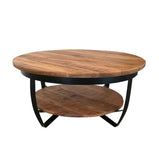ronde salontafel van mangohout met plateau en metalen details 90 cm breed